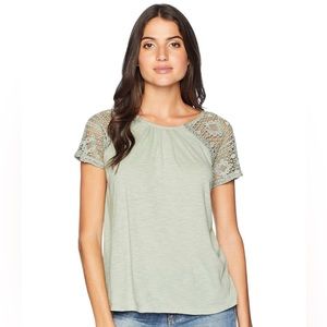 Lucky Brand Top Blouse Large Green Lace Embroidered Short Sleeve Boho Women’s